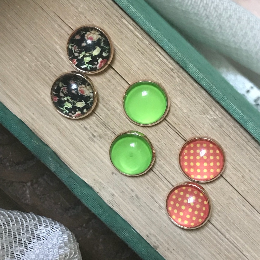 3 Pairs Glass Stud Earrings Rose Gold Floral Boho